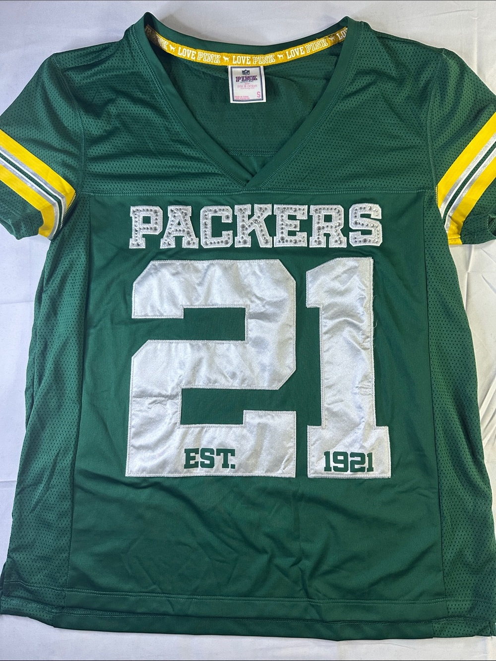 PINK Victoria's Secret Green Packers 21 Mesh Jersey Top with Yellow Accents